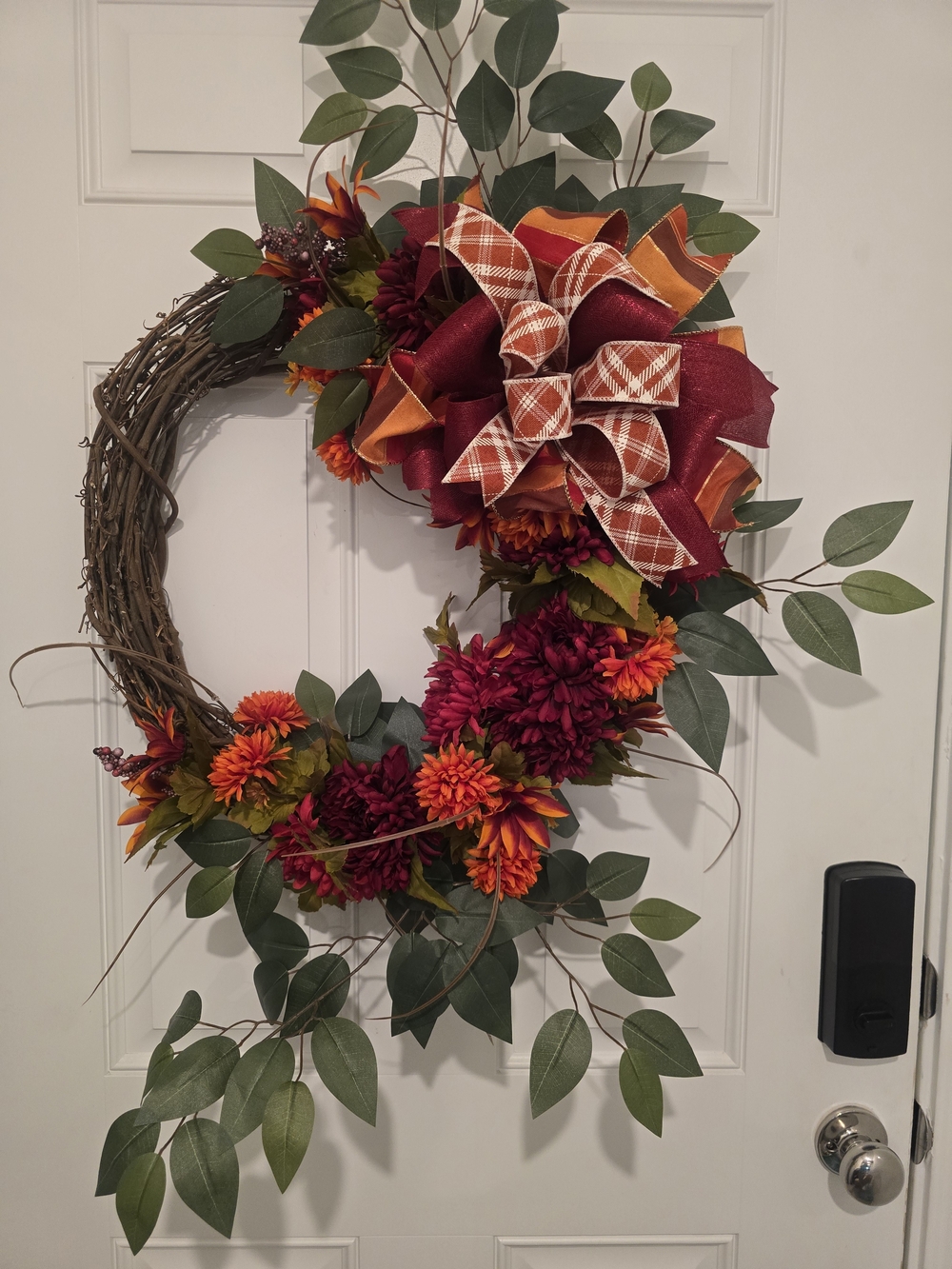 Autumn Grapevine Wreath with Burgundy & Orange Bow Fall